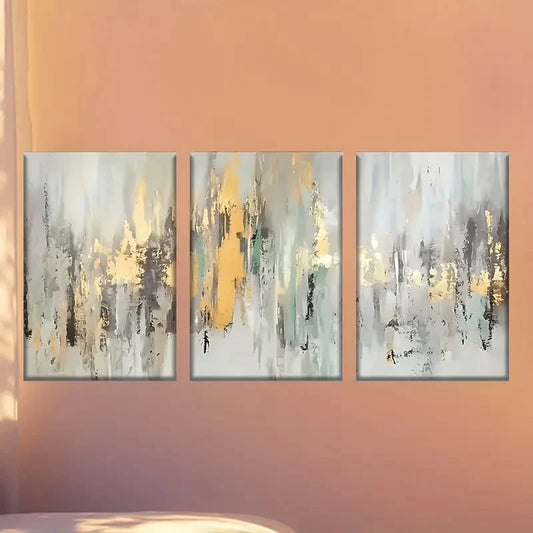 3pcs Golden & Grey Swirls, Modern Wall Art Set Canvas Framed 50x70cm - High Quality Print 100% Australian Made Wall Canvas Ready to Hang