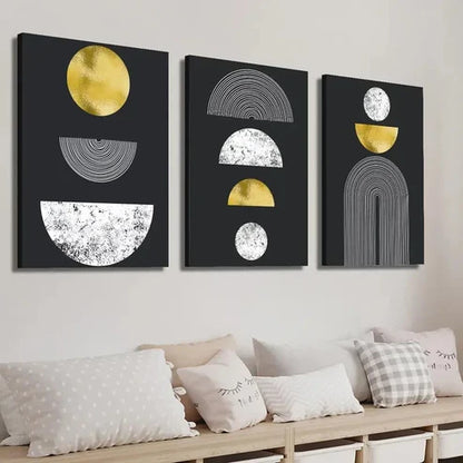 3pcs Black And Golden Geometric Wall Art Set Canvas Unframed - High Quality Print 100% Australian Made Wall Canvas - Bella Home Decor