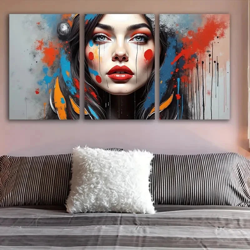 3pcs Vibrant Abstract Woman Face Paintings Wall Art Set Canvas Framed 60x90cm - High Quality Print 100% Australian Made Wall Canvas Ready to Hang