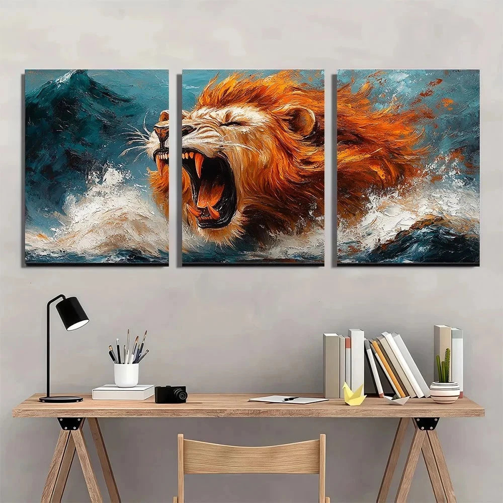 3pcs Roaring Lion Modern Abstract Painting Metal Print Ready to Hang Art - Bella Home Decor