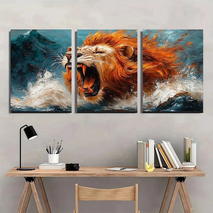 3pcs Roaring Lion Modern Abstract Painting Metal Print Ready to Hang Art - Bella Home Decor