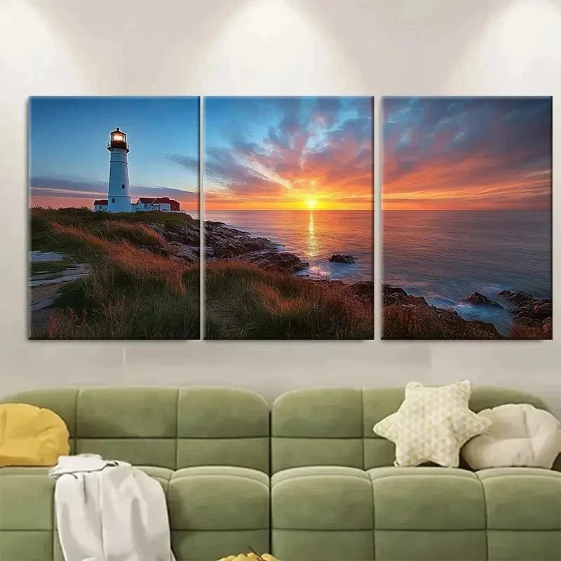 3pcs Sunset over St Marys Lighthouse ET  Wall Art Set Canvas Framed 50x70cm - High Quality Print 100% Australian Made Wall Canvas Ready to Hang