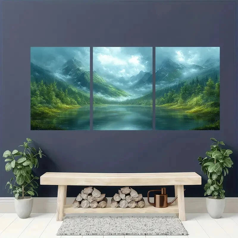 3pcs Rich Mossy Green Hues Ethereal Foggy Mist Metal Print Ready to Hang Art - Bella Home Decor