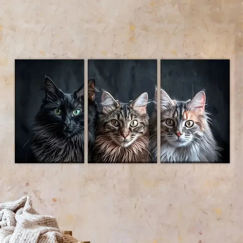 3pcs Three Cats Sitting Next to Each Other Cats Wall Art Set Canvas Framed 60x90cm - High Quality Print 100% Australian Made Wall Canvas Ready to Hang - Bella Home Decor