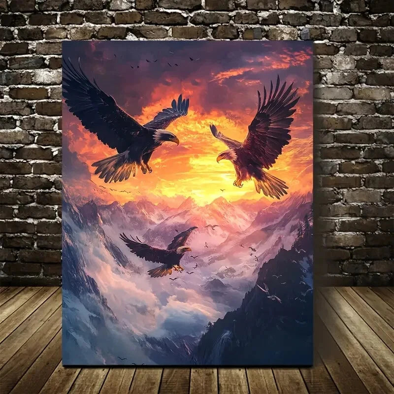 Fantasy Eagles Sunset Mountain Scene Painting  40x60cm Metal Print Ready to Hang - Bella Home Decor