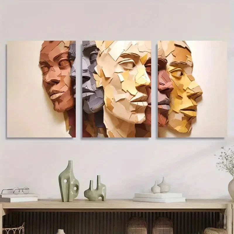 3pcs Abstract Geometric Faces Wall Art Set Canvas Framed 40x60cm - High Quality Print 100% Australian Made Wall Canvas Ready to Hang - Bella Home Decor