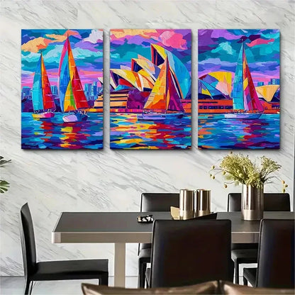 3pcs Sydney Harbour Fauvist Color Artwork Wall Art Set Canvas Framed 40x60cm - High Quality Print 100% Australian Made Wall Canvas Ready to Hang