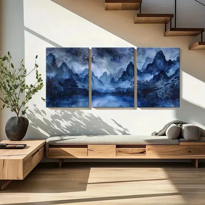 3pcs Bluish Chinese Traditional Landscape Wall Art Set Canvas Framed 40x60cm - High Quality Print 100% Australian Made Wall Canvas Ready to Hang
