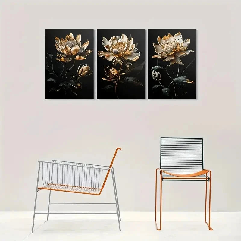 3pcs Golden Lotus Flower Petals & Leaves Metal Print Ready to Hang Art - Bella Home Decor