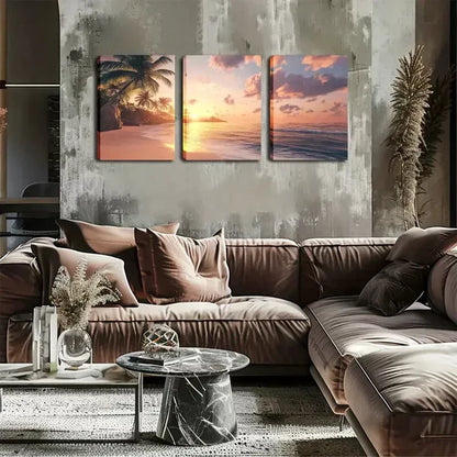 3pcs Coastal Sunset with Coconut Trees Wall Art Set Canvas Framed 60x90cm - High Quality Print 100% Australian Made Wall Canvas Ready to Hang - Bella Home Decor