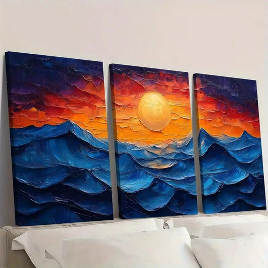 3pcs , Blue & Orange Sunset Desert Modern OS Wall Art Set Canvas Framed 50x70cm - High Quality Print 100% Australian Made Wall Canvas Ready to Hang