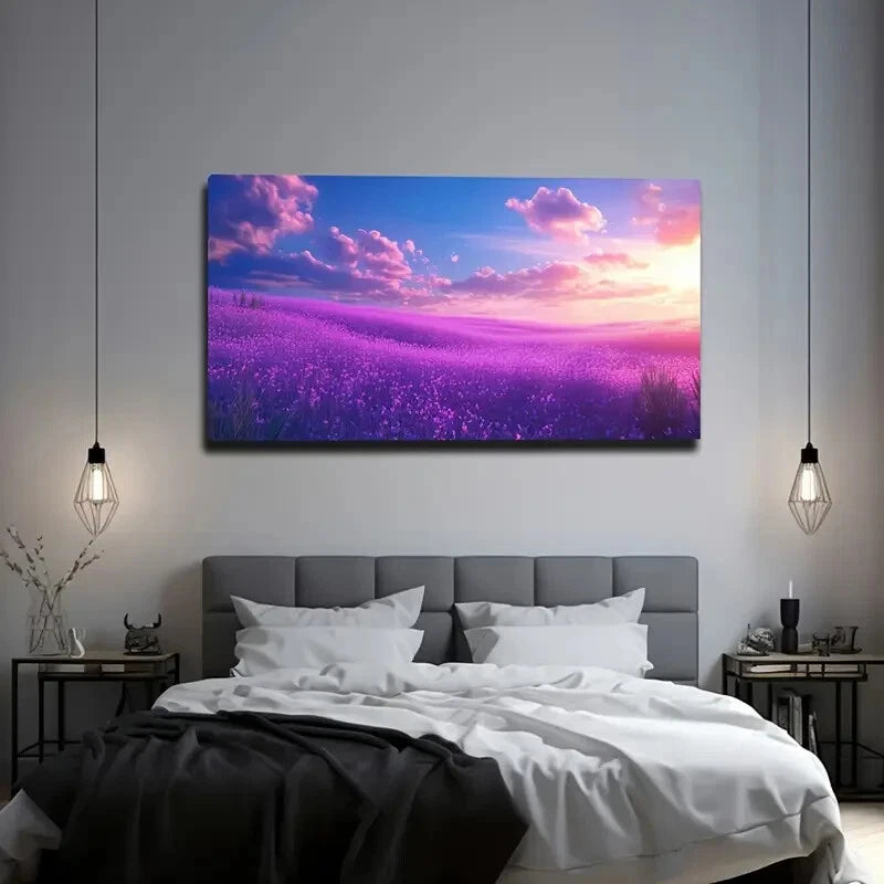 Vibrant Lavender Field Sunset Wall Art Canvas Office Home Room Framed 120x60cm - Bella Home Decor
