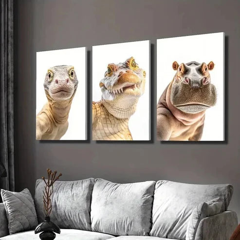 3pcs Giant Lizard Crocodile and Hippo Heads Wall Art Set Canvas Unframed - High Quality Print 100% Australian Made Wall Canvas