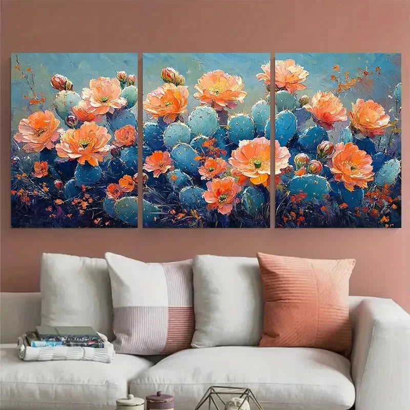 3pcs Cactus Flowers Impasto Illustration Metal Print Ready to Hang Art - Bella Home Decor