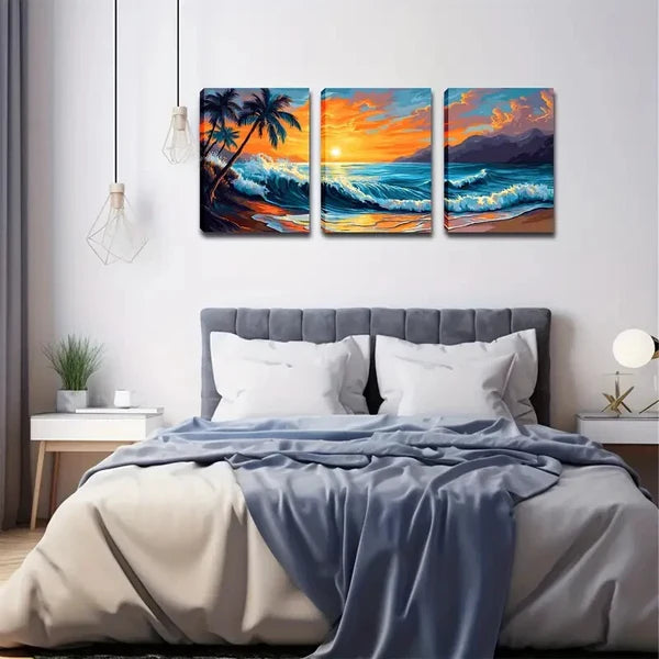 3pcs Coastal Landscape with Palm Trees & Ocean , Wall Art Set Canvas Framed 60X90cm - High Quality Print 100% Australian Made Wall Canvas Ready to Hang - Bella Home Decor