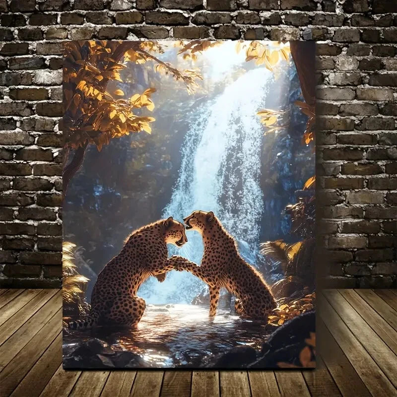 Cyberpunk Cheetahs Playful Scene Painting 40x60cm Metal Print Ready to Hang - Bella Home Decor