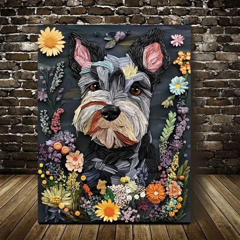 Cute Schnauzer Dog with Vibrant Flowers Painting 40x60cm Metal Print Ready to Hang - Bella Home Decor