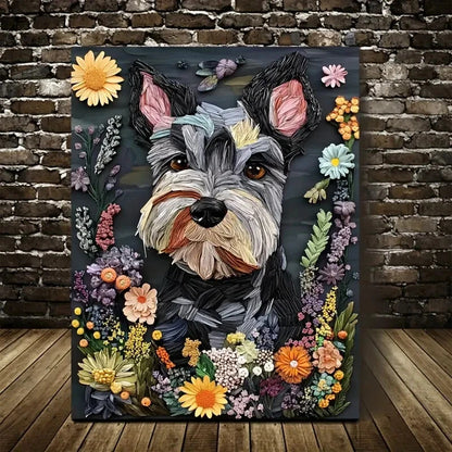 Cute Schnauzer Dog with Vibrant Flowers Painting 40x60cm Metal Print Ready to Hang - Bella Home Decor