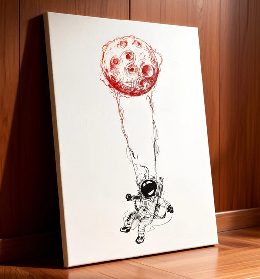 Cosmic Astronaut and Red Moon Sketch Minimalist 40x60cm Metal Print Ready to Hang