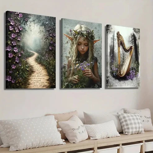3pcs Vintage Botanical Flower and Floral Girl Wall Art Set Canvas Unframed - High Quality Print 100% Australian Made Wall Canvas