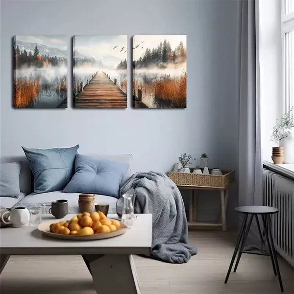 3pcs Peaceful Lake, A Wooden Bridge Wall Art Set Canvas Framed 60x90cm - High Quality Print 100% Australian Made Wall Canvas Ready to Hang - Bella Home Decor