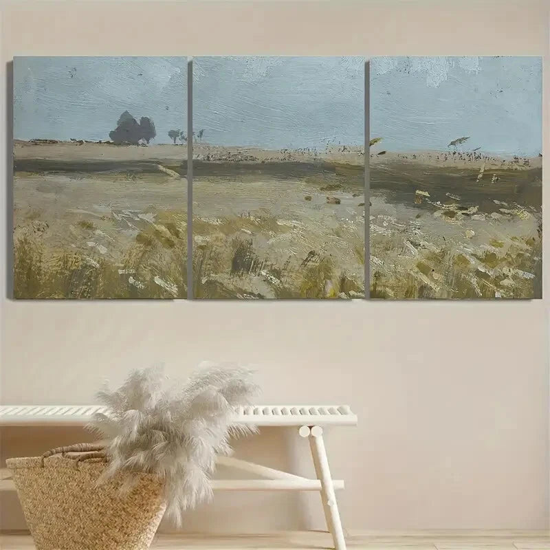 3pcs Vintage Field Landscape Paintings Farmhouse  Metal Print Ready to Hang Art - Bella Home Decor