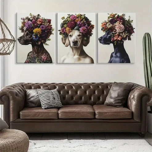 3pcs Floral Dog Portrait Crowns Adorable Perfect Wall Art Set Canvas Unframed - High Quality Print 100% Australian Made Wall Canvas