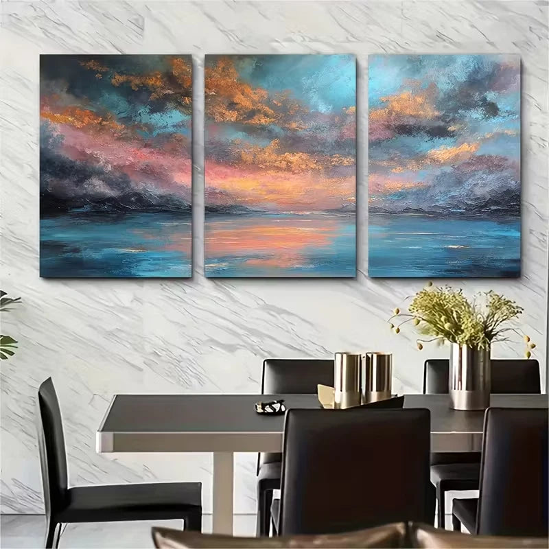 3pcs Abstract Sunset Ocean Landscapes Metal Print Ready to Hang Art - Bella Home Decor