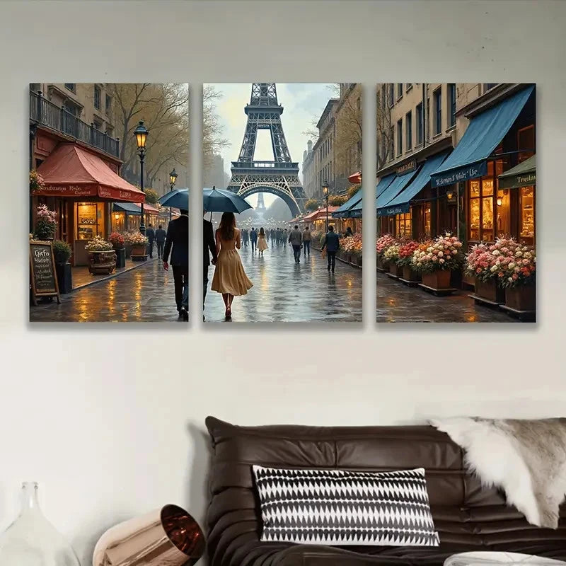 3pcs Eiffel Tower Scene With Walking Couple Wall Art Set Canvas Framed 50x70cm - High Quality Print 100% Australian Made Wall Canvas Ready to Hang - Bella Home Decor