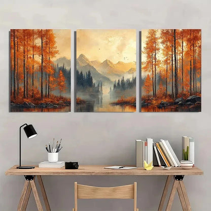 3pcs Vintage Autumn Mountain Landscape Scene Metal Print Ready to Hang Art - Bella Home Decor