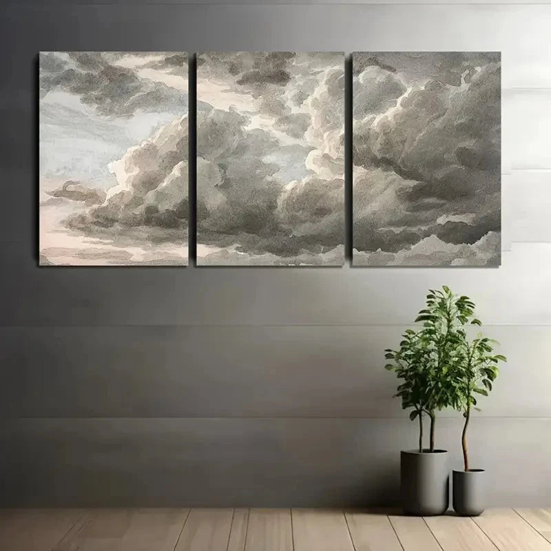 3pcs Grey Clouds In The Sky Wall Art Set Canvas Framed 60x90cm - High Quality Print 100% Australian Made Wall Canvas Ready to Hang