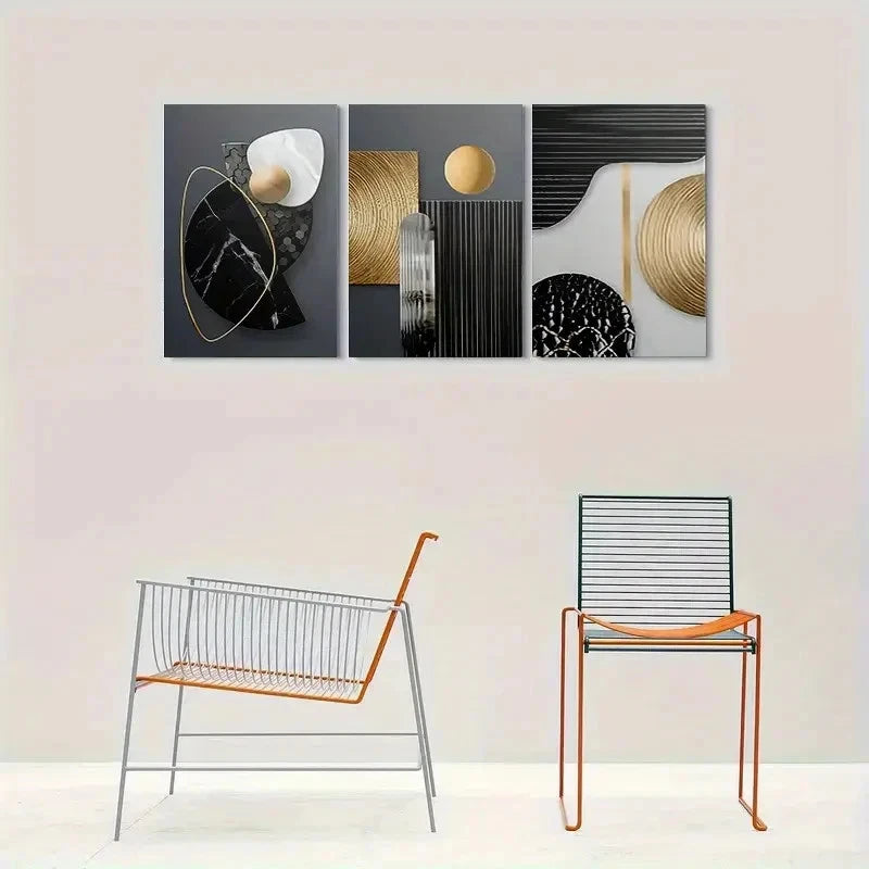 3pcs Modern Abstract Geometric Black & Golden Wall Art Set Canvas Framed 60x90cm - High Quality Print 100% Australian Made Wall Canvas Ready to Hang