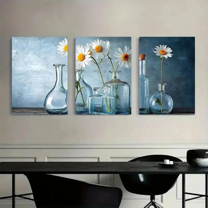 3pcs Flowers On a Glass Jar Wall Decor Metal Print Ready to Hang Art - Bella Home Decor