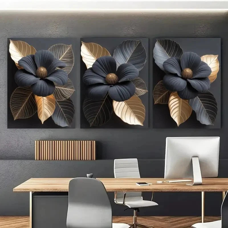 3pcs Golden Leaves and Dark Flowers Metal Print Ready to Hang Art - Bella Home Decor