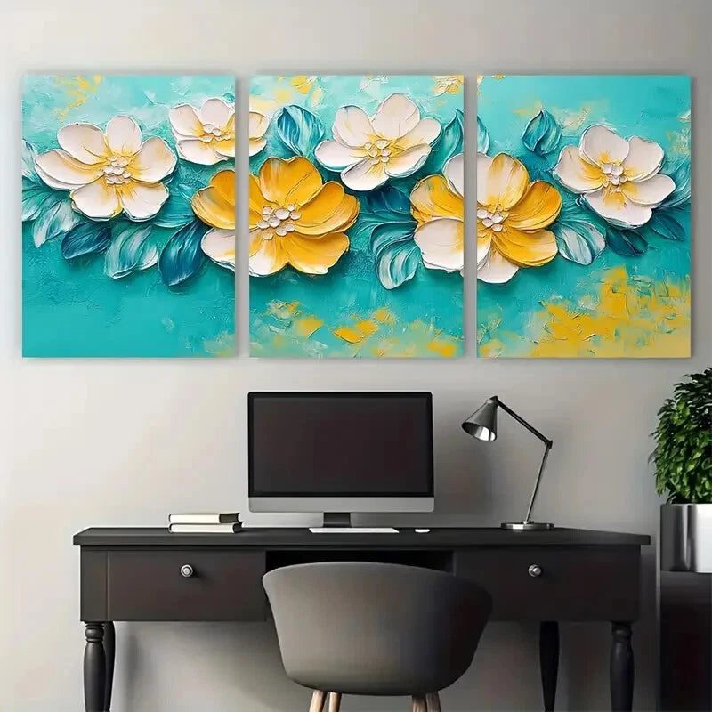 3pcs Spring Abstract Textured Turquoise and Yellow Metal Print Ready to Hang Art - Bella Home Decor