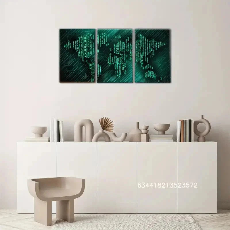 3pcs Binary Code World Map Wall Decoration Metal Print Ready to Hang Art - Bella Home Decor