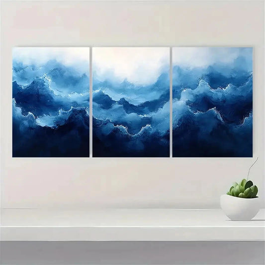 3pcs Cobalt Blue Painting Watercolor Art Metal Print Ready to Hang Art