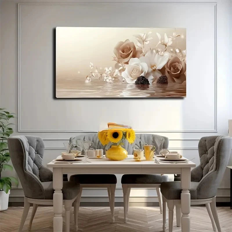 Beige & White Floral Water Wall Art Canvas Office Home Room Framed 120x60cm