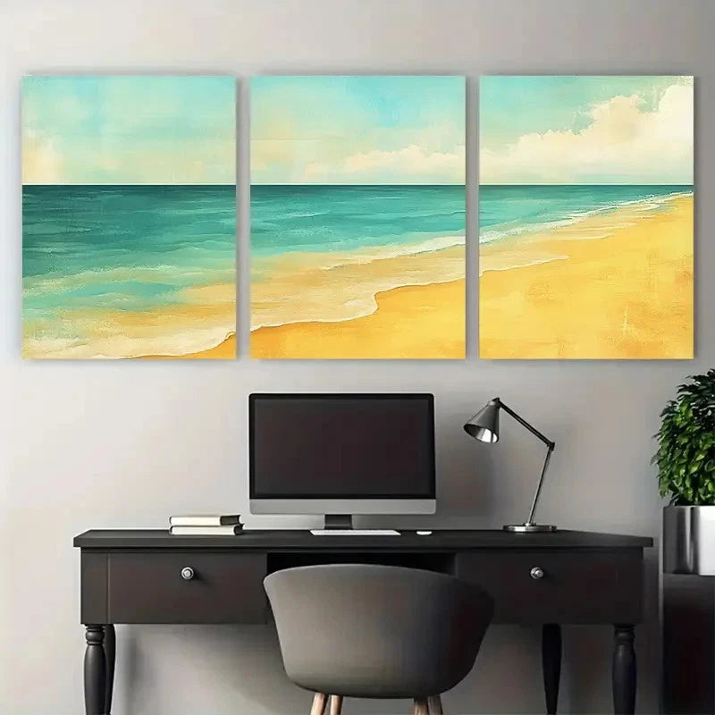 3pcs Muted Turquoise and Naples Yellow Beach Wall Art Set Canvas Framed 50x70cm - High Quality Print 100% Australian Made Wall Canvas Ready to Hang