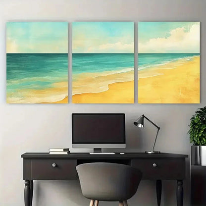 3pcs Muted Turquoise and Naples Yellow Beach Wall Art Set Canvas Framed 50x70cm - High Quality Print 100% Australian Made Wall Canvas Ready to Hang