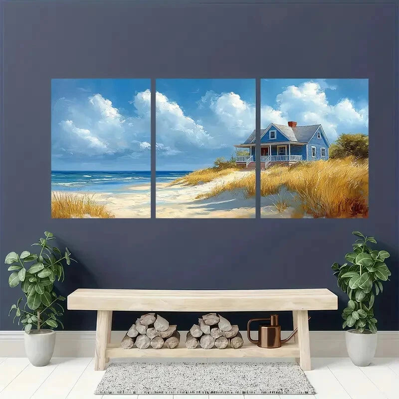 3pcs Beach House Watercolor Seaside Scene Metal Print Ready to Hang Art - Bella Home Decor