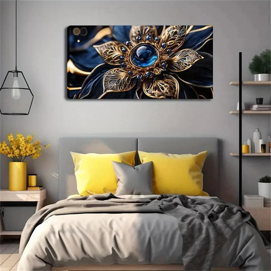 Minimalist Navy Blue & Golden Wall Art Canvas Office Home Room Framed 120x60cm