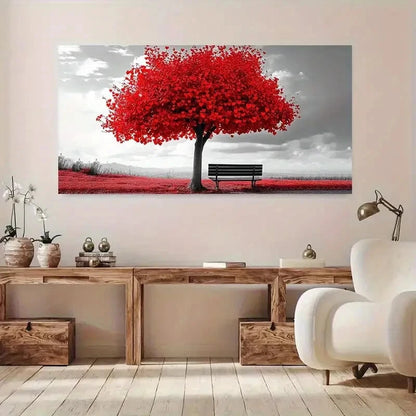 Vibrant Red Tree and Bench wall canvas office home room framed 120x60cm - Bella Home Decor