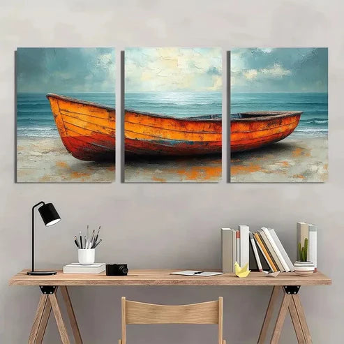 3pcs Boat Vintage Modern Style Serene Seascape Wall Art Canvas Unframed - High Quality Print 100% Australian Made Wall Canvas