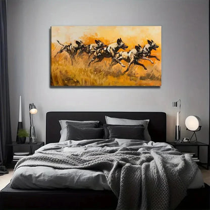 Running Wild Dogs In Golden Wall Art Canvas Office Home Room Framed 120x60cm