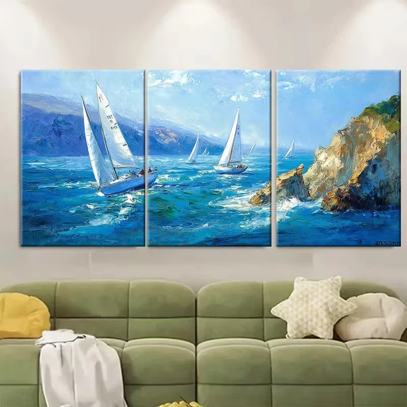 3pcs Sailboats Oil Painting California Metal Print Ready to Hang Art