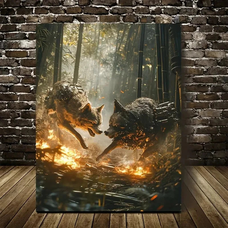 Beautiful Steampunk Wolf Chase Painting 40x60cm Metal Print Ready to Hang - Bella Home Decor