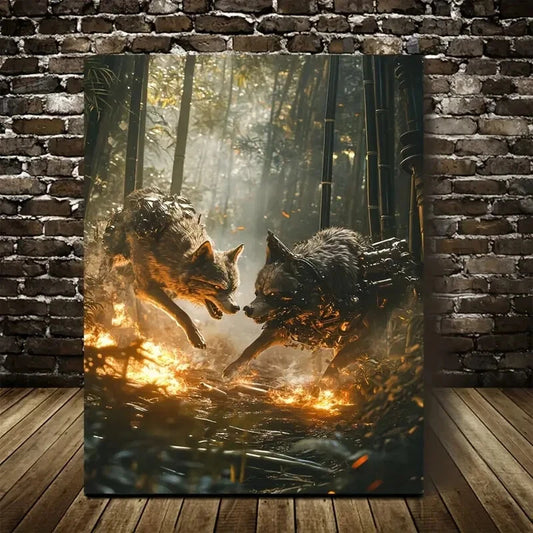 Beautiful Steampunk Wolf Chase Painting 40x60cm Metal Print Ready to Hang - Bella Home Decor