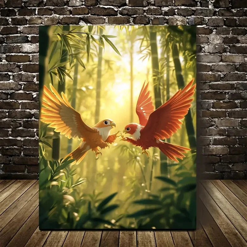 Cartoon Hawk Wrestling Scene in Bamboo Painting 40x60cm Metal Print Ready to Hang - Bella Home Decor