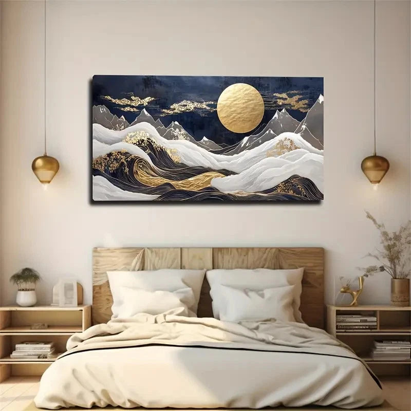 Golden Full Moon Over Mountain Wall Art Canvas Office Home Room Framed 120x60cm